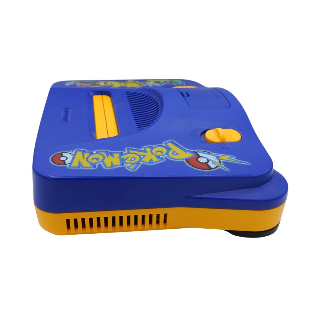 Nintendo 64 Pokémon console in blue and yellow, featuring the Pokémon logo on the front, photographed on a solid white background.