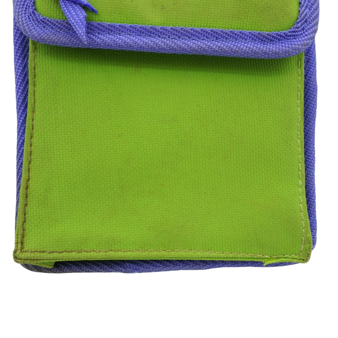 Green fabric pouch with purple drawstring on a white background
