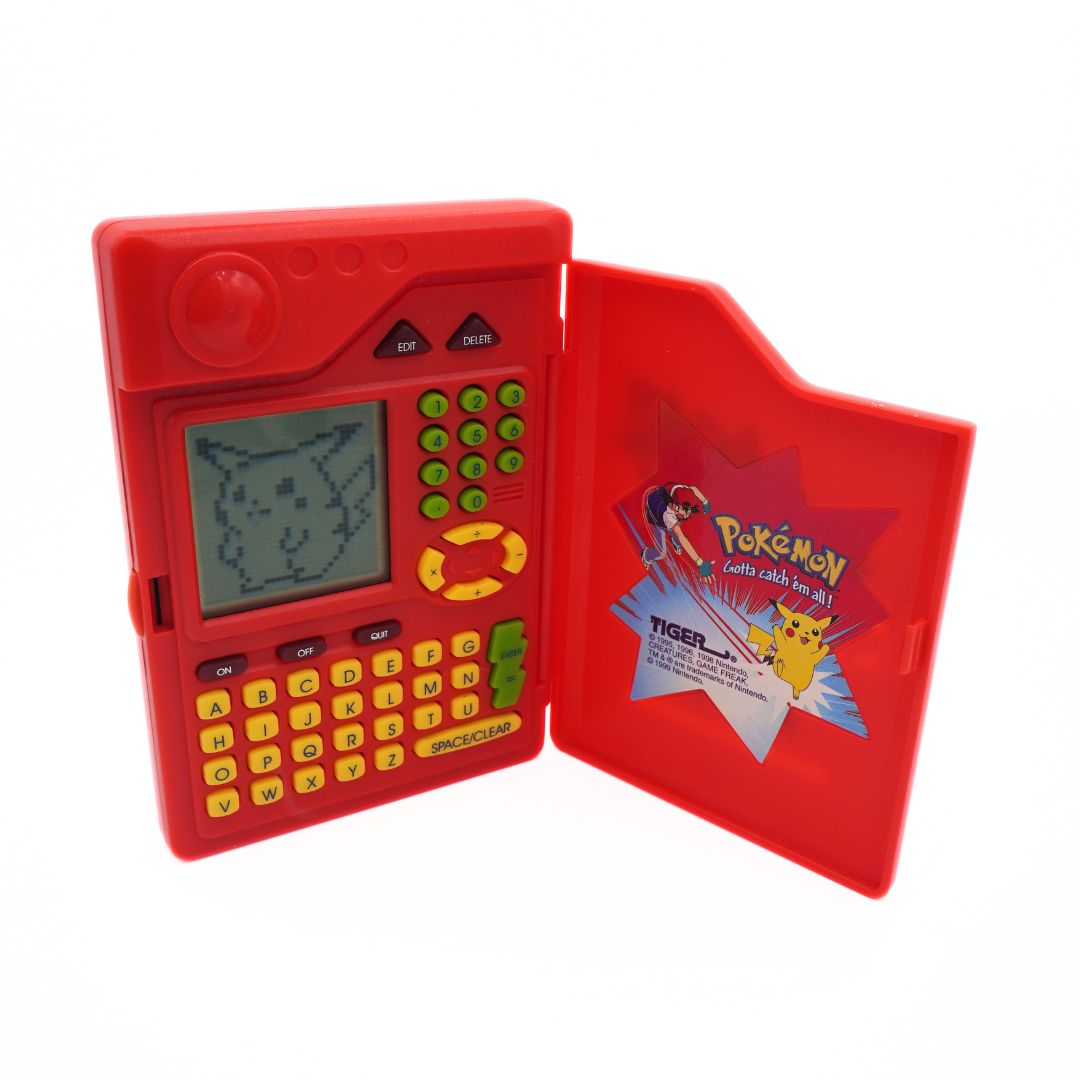 Red electronic toy with a screen and buttons, featuring a Pokémon design on the case.
