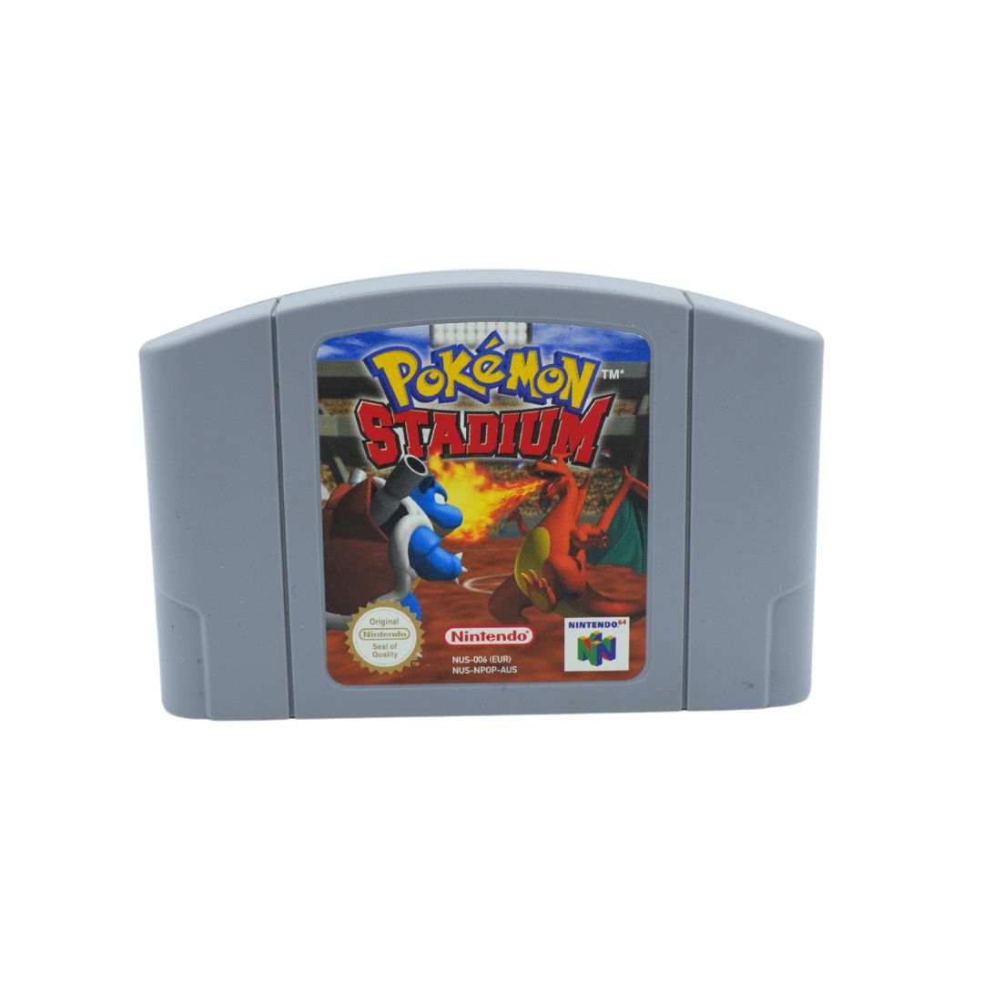 A gray Nintendo 64 game cartridge for Pokémon Stadium, featuring the game's colorful label on the front, photographed against a plain white background.