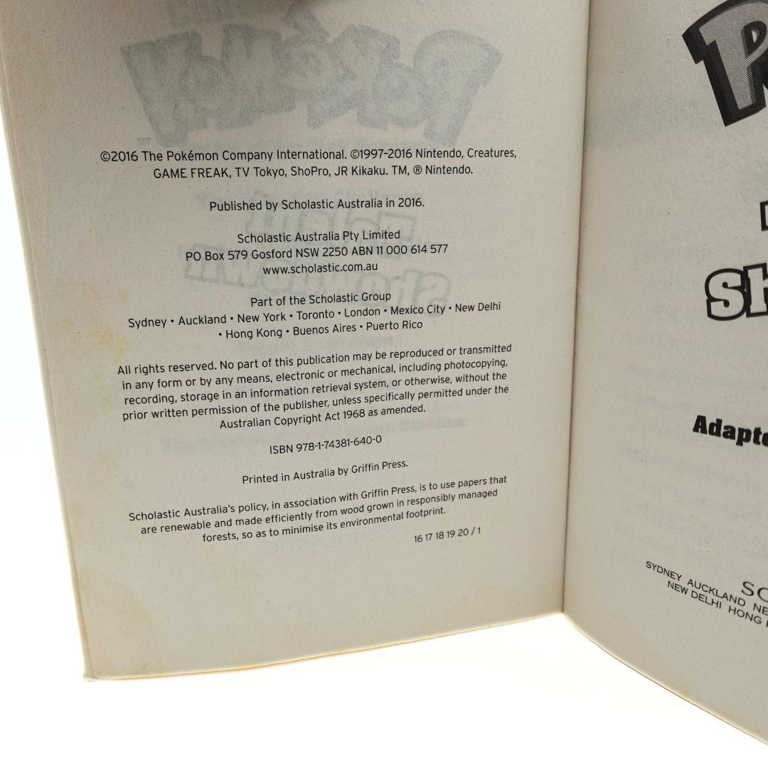 Publishing page from the 2016 Pokemon Talent Showdown paperback book showing the ISBN, publishing information and branding