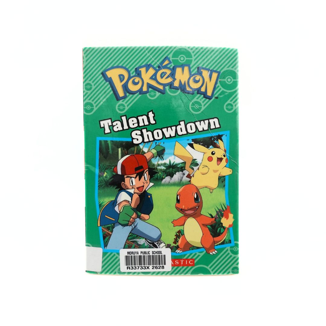 Front cover of the Pokemon Talent Showdown book with a green background, showing Ash, Charmander and Pikachu