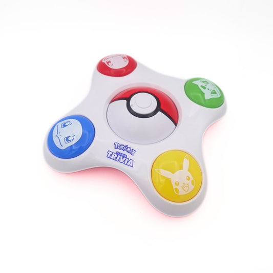 Top down image of a Pokemon Trivia Game with buttons of a Pokeball, Charmander, Bulbasaur, Squirtle and Pikachu