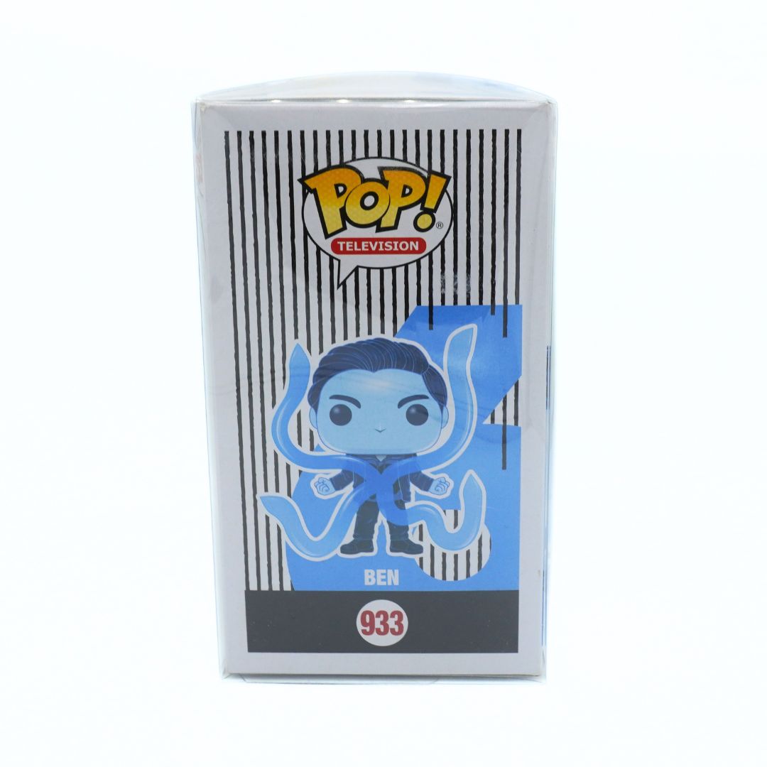 Funko Pop! Television collectible figure box for Ben from Umbrella Academy, featuring a blue character illustration on a white and black striped background.