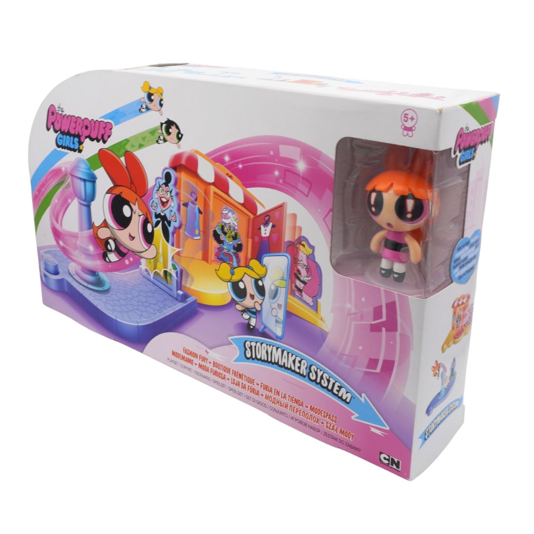 Toy packaging with character figures and 'Powerpuff Girls' branding on a white background