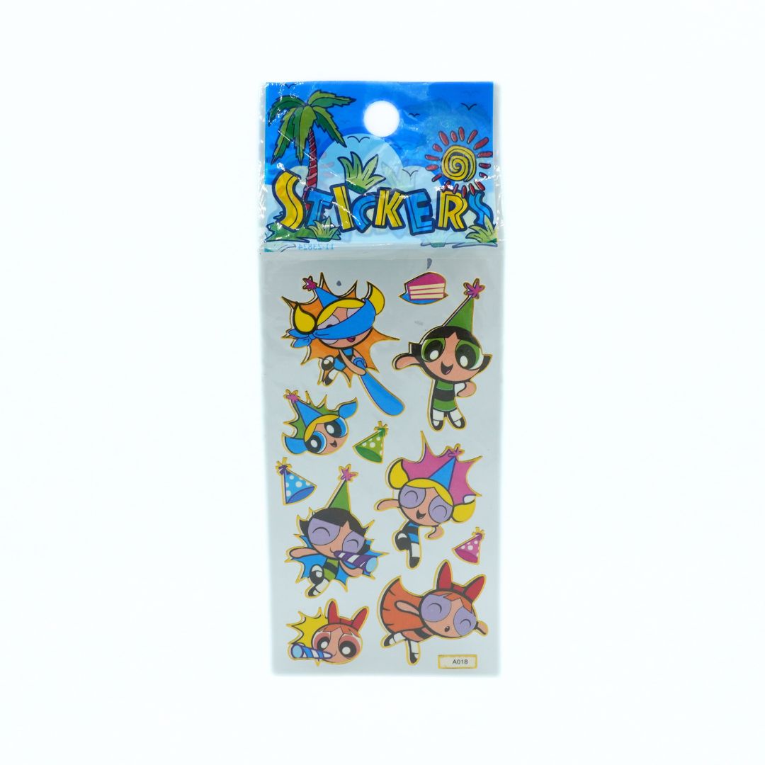 Pack of stickers with cartoon characters on a blue background