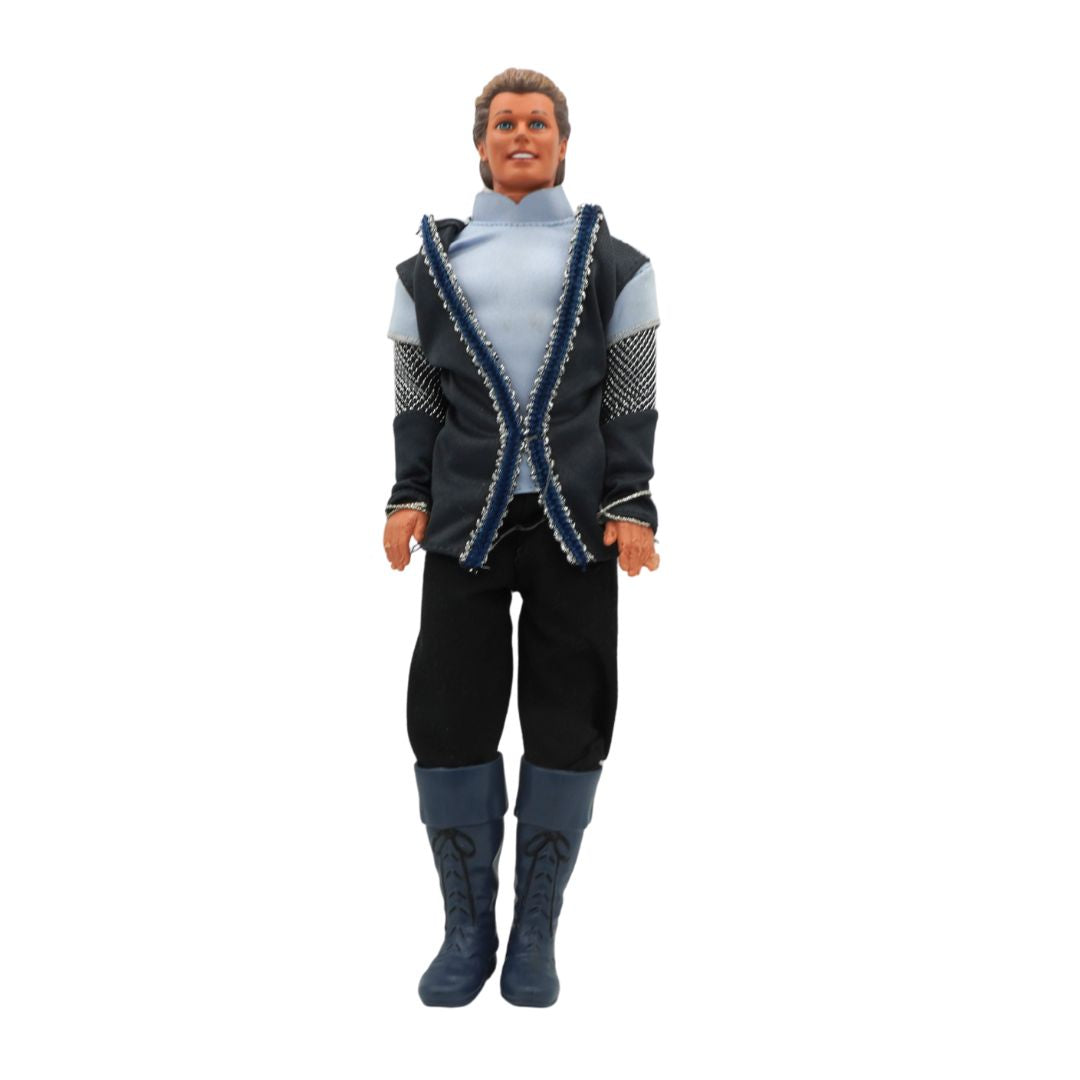 Action figure wearing a black outfit with a patterned jacket on a white background
