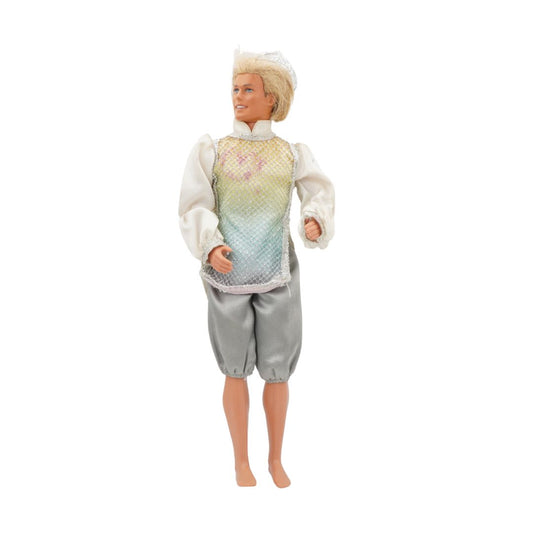 Barbie doll with a colorful shirt and gray pants on a white background