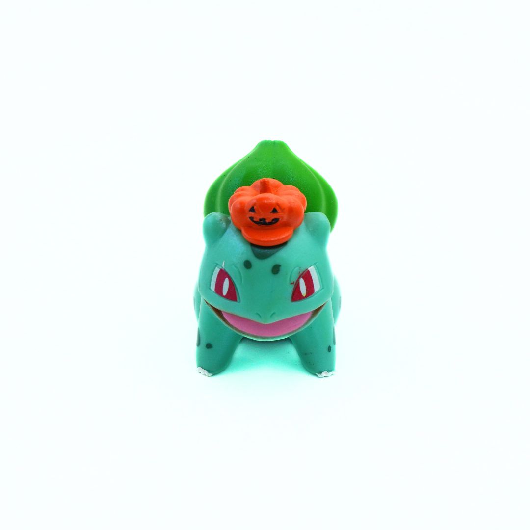 Green plush toy with a pumpkin on a white background