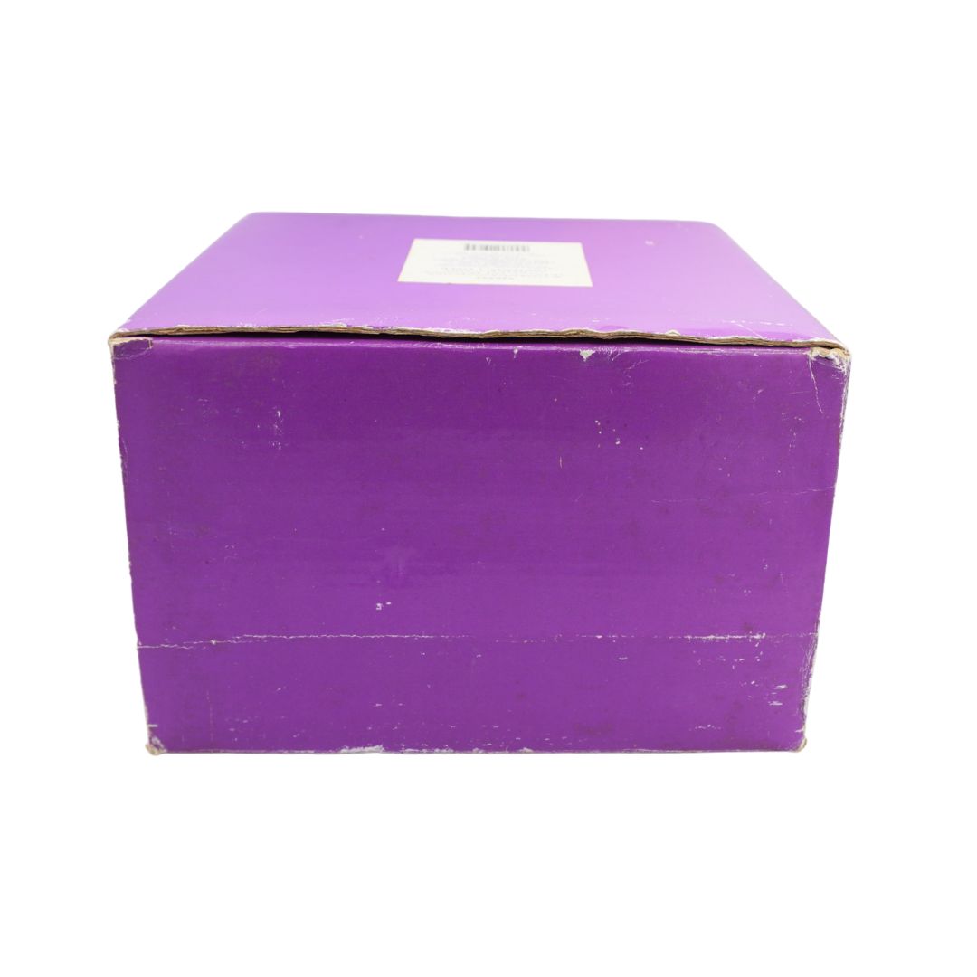 A purple cardboard box with a small white label on top, photographed against a plain white background.