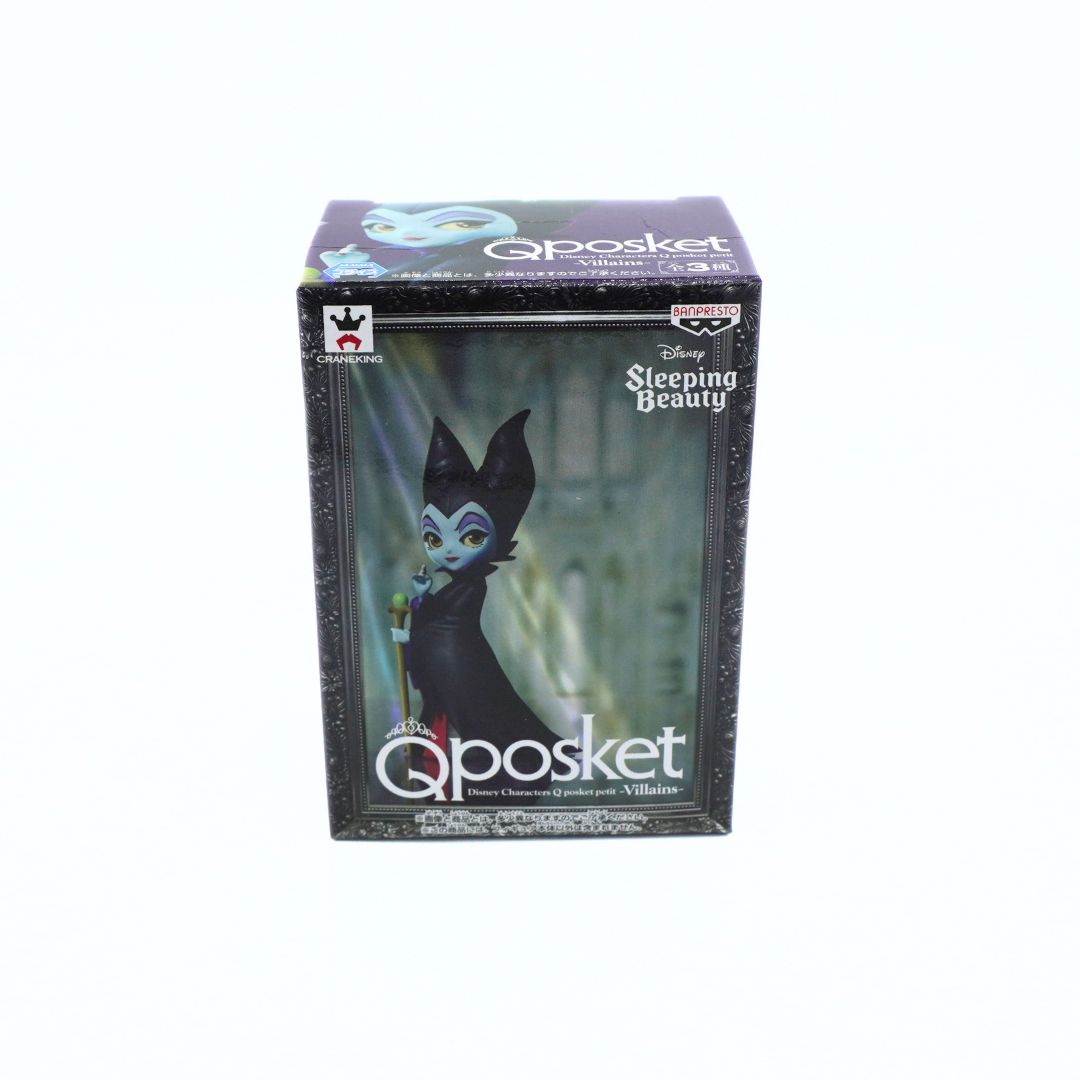 Disney Sleeping Beauty Qposket collectible figure in its original retail packaging, featuring a black box with an illustration of Maleficent.