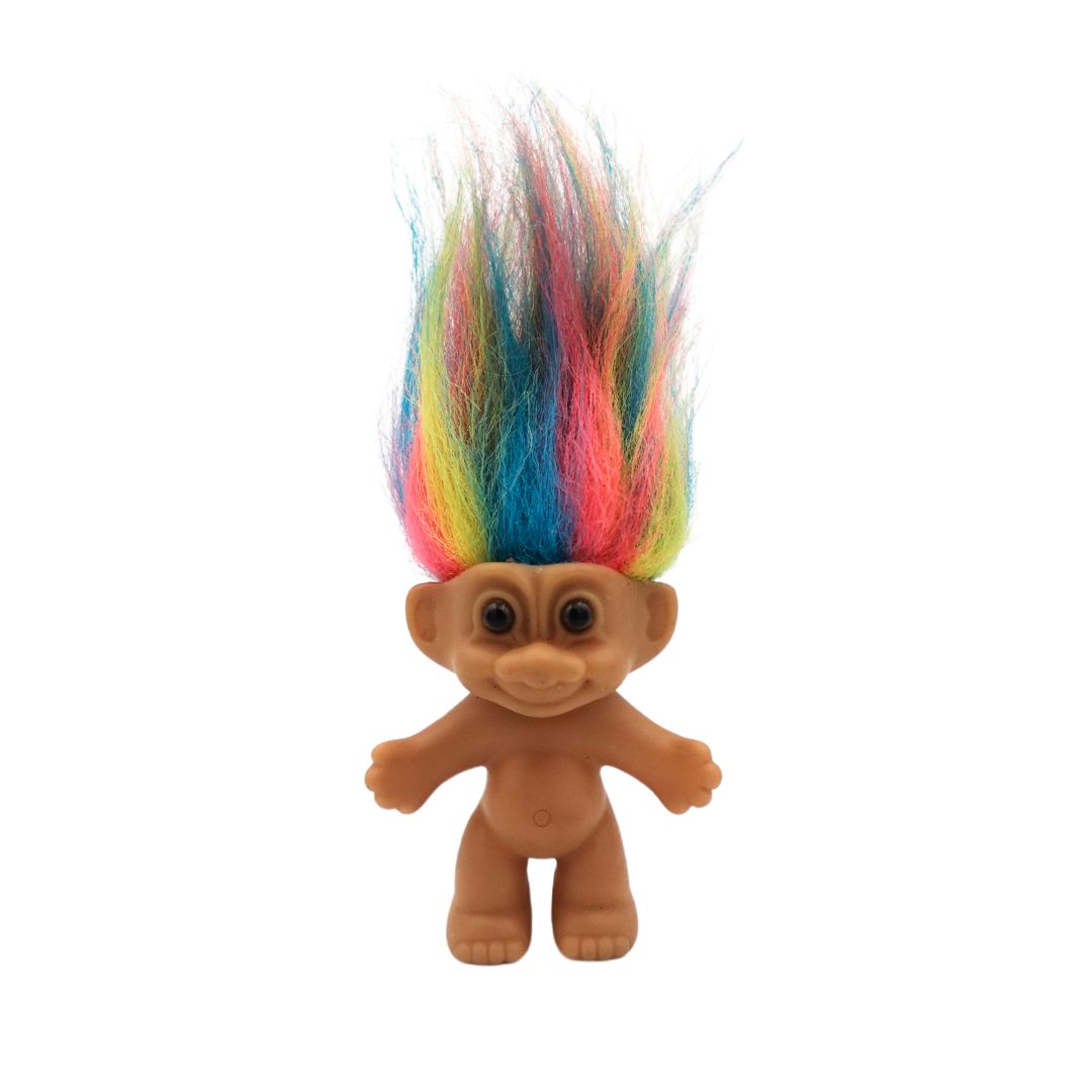 Front on photo of a Rainbow Hair Troll Doll with brown eyes