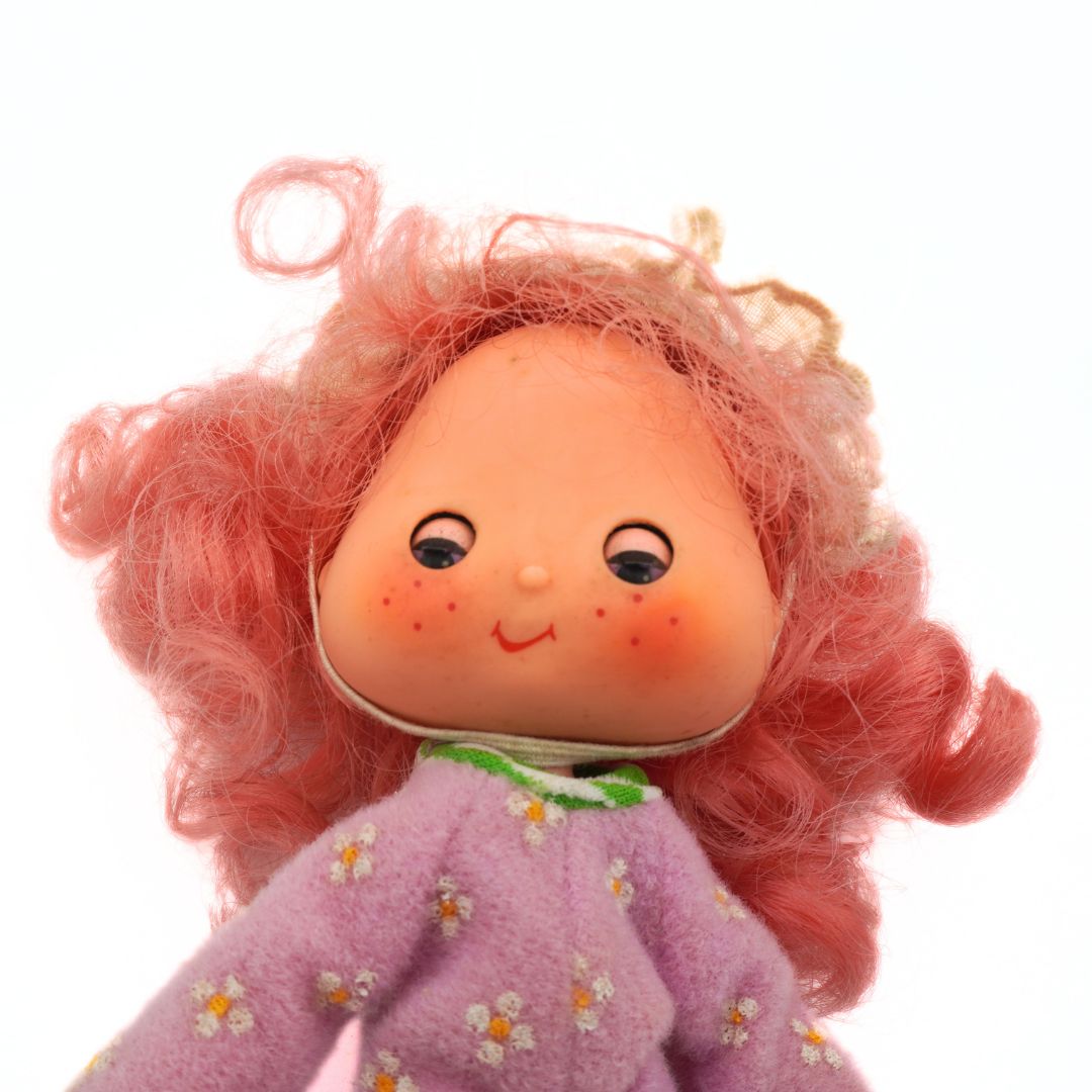 Toy figure with pink hair and a purple outfit on a white background