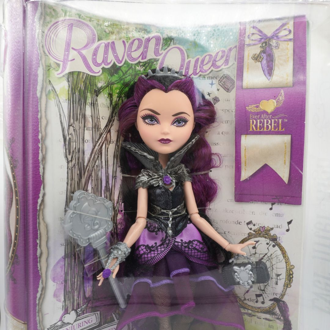 Doll with purple hair and dark outfit in packaging labeled 'Raven Queen'.
