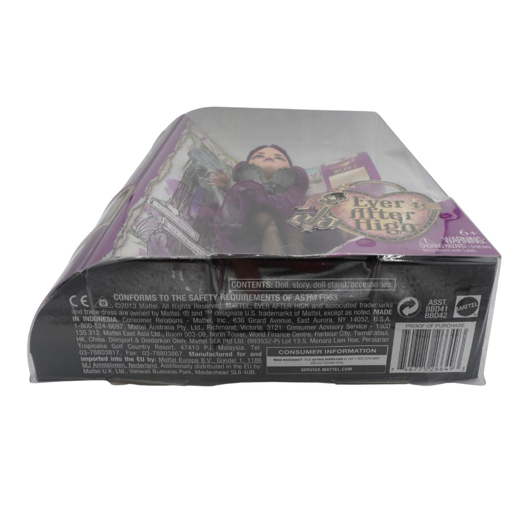 Back view of a toy packaging with character illustration and text on a white background