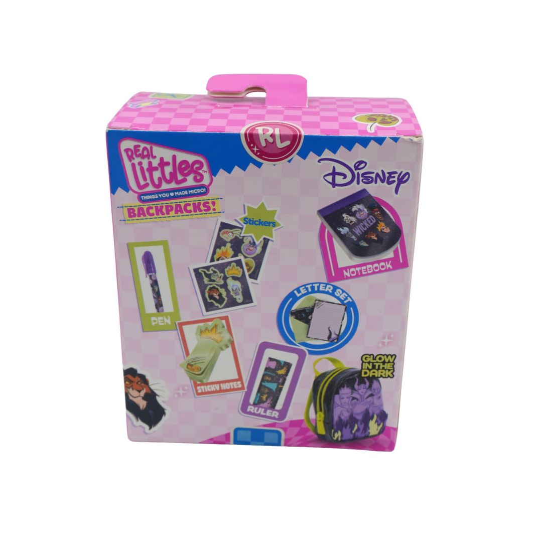 Disney 'Real Little Backpacks' mini backpack set in its original retail packaging, featuring a pink and white checkered box with various character backpack illustrations.