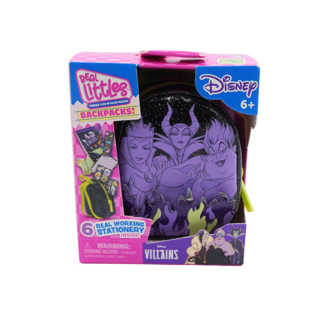 Disney Villains Backpacks! Real Littles stationery backpack in its original retail packaging, featuring a purple glittery backpack with illustrations of Disney villains on the front.