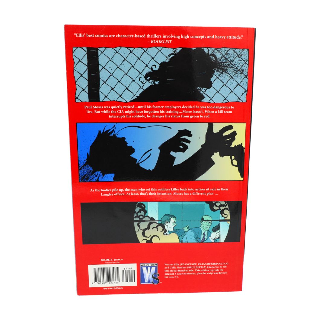 The back cover of a red book featuring three horizontal comic-style panels with black silhouettes and illustrated figures, plus a barcode and a small square logo near the bottom.