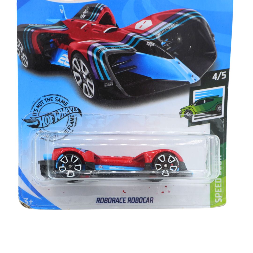 Hot Wheels Roborace Robocar die-cast toy car in its original blister card packaging, featuring a red and blue futuristic race car design.