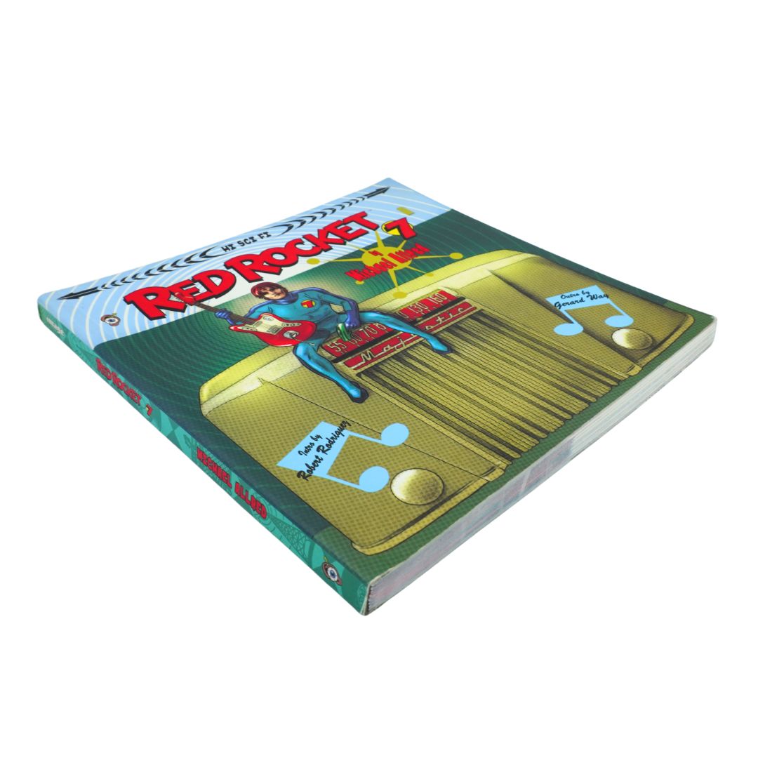 A vintage comic book titled 'Red Rocket #7' by Bob Kassel, featuring a colorful cover illustration of a rocket ship and musical notes, photographed on a clean white background.