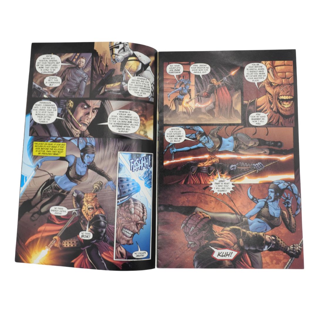 Comic book pages with action scenes featuring characters and dialogue bubbles.