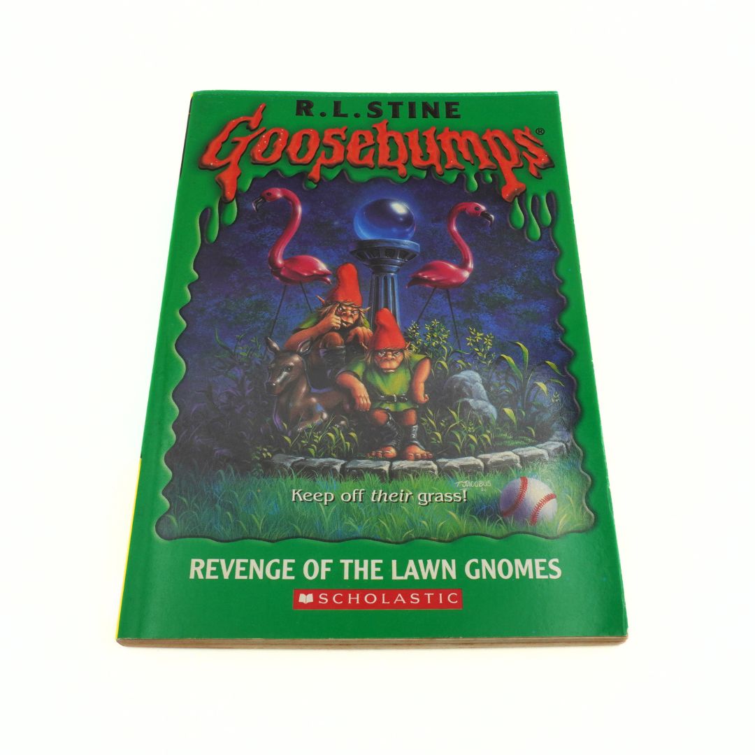 Goosebumps book titled 'Revenge of the Lawn Gnomes' on a white background