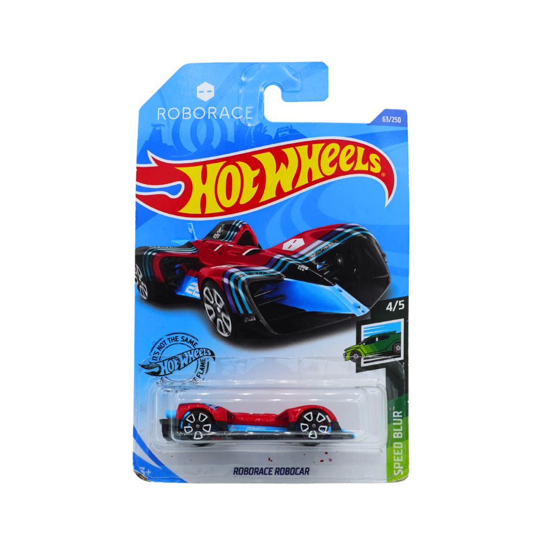 Hot Wheels Roborace Robocar 'Speed Blur' 69728 toy car in its original blue blister card packaging, featuring the red and blue race car with black stripes.