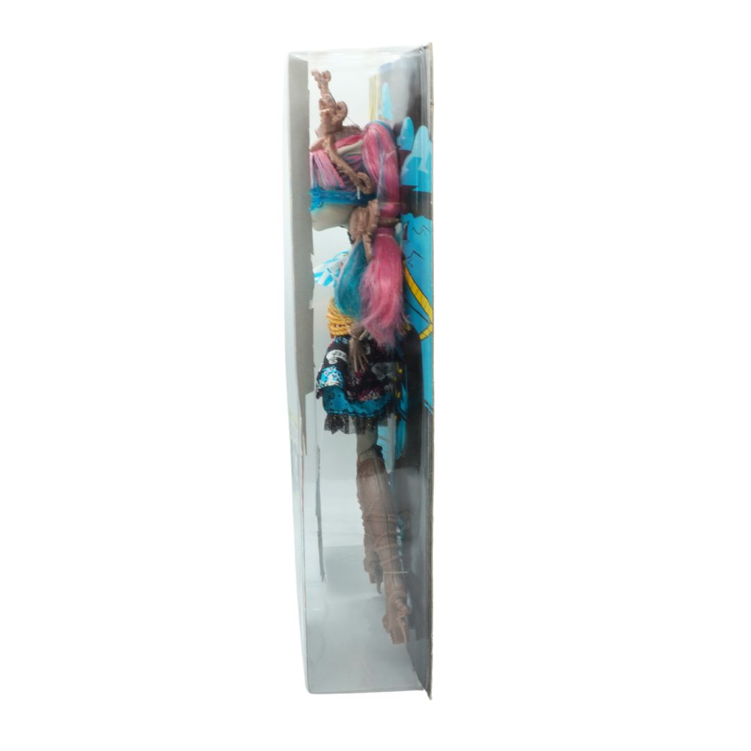 Colorful doll with a decorative dress in a clear packaging box on a white background