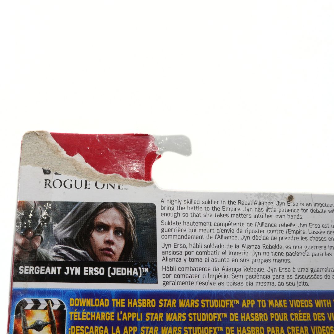 Star Wars Rogue One action figure card with character information and branding.