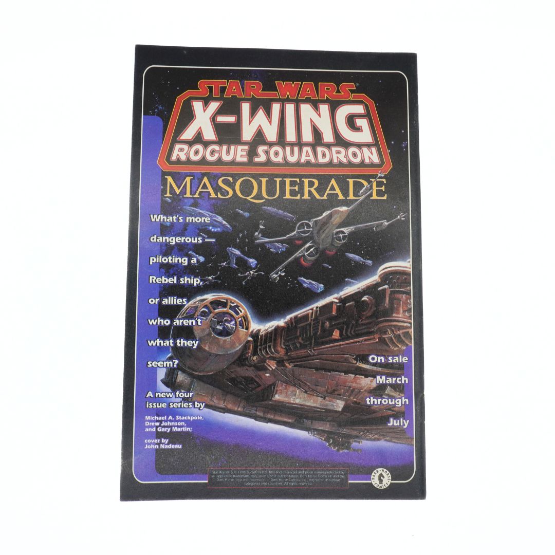 Star Wars X-Wing Rogue Squadron Masquerade promotional poster with spaceship illustration.