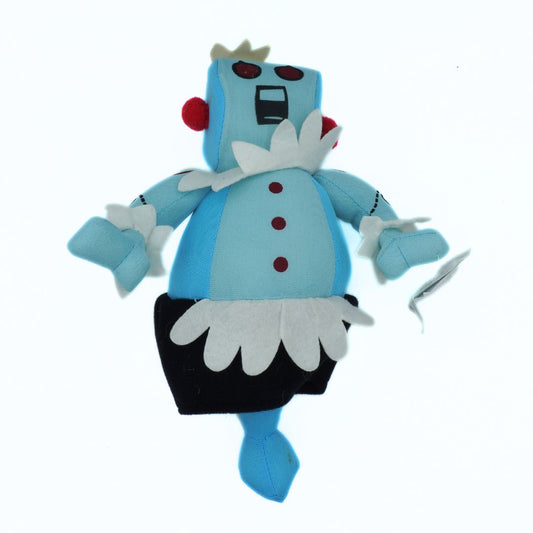 Plush toy resembling a character with blue, black, and white colors on a white background