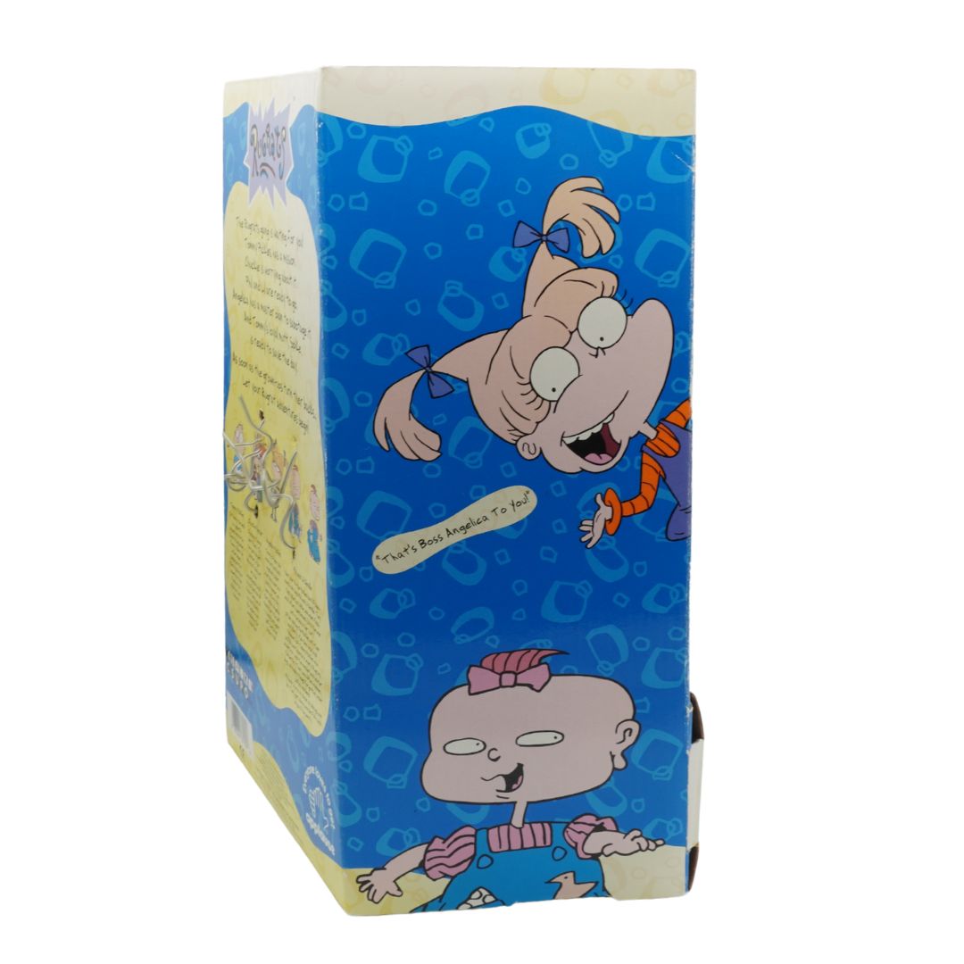 Cartoon character on a blue box with text