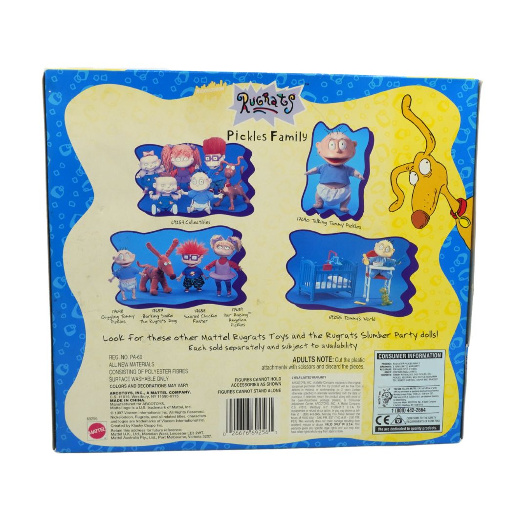 Back of a toy packaging featuring Rugrats characters with a blue and yellow color scheme.