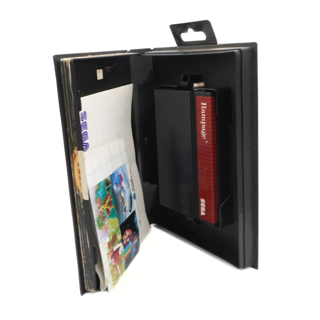 Black carrying case with a VHS tape and colorful inserts on a white background