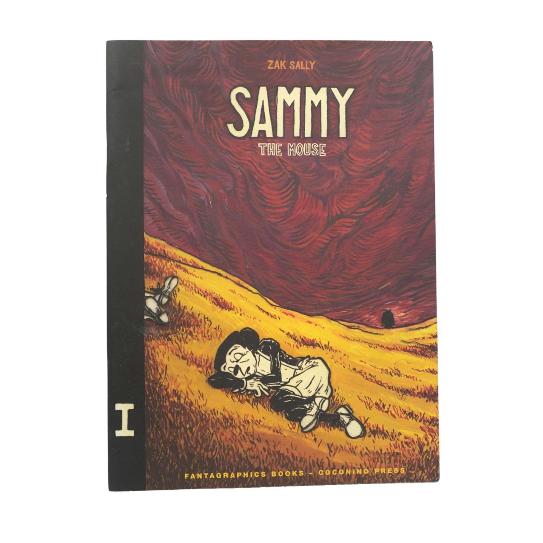 The first volume of the graphic novel 'Sammy the Mouse' by Zak Sally, published by Fantagraphics Books. The cover features a dark, stylized illustration of a figure lying on a golden field under a swirling red sky, with a black spine on the left.