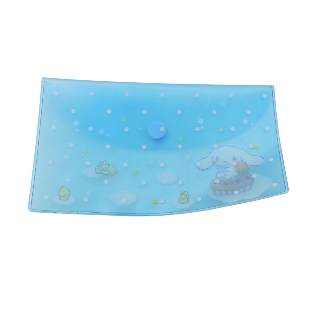 A light blue translucent plastic pouch with a snap button closure, decorated with white polka dots, small green and yellow accents, and a cartoon character on the bottom right, shown on a plain white background.