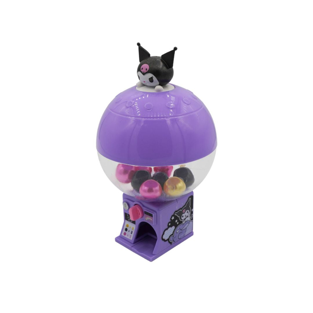 A purple toy that looks like a gumball machine on a white background