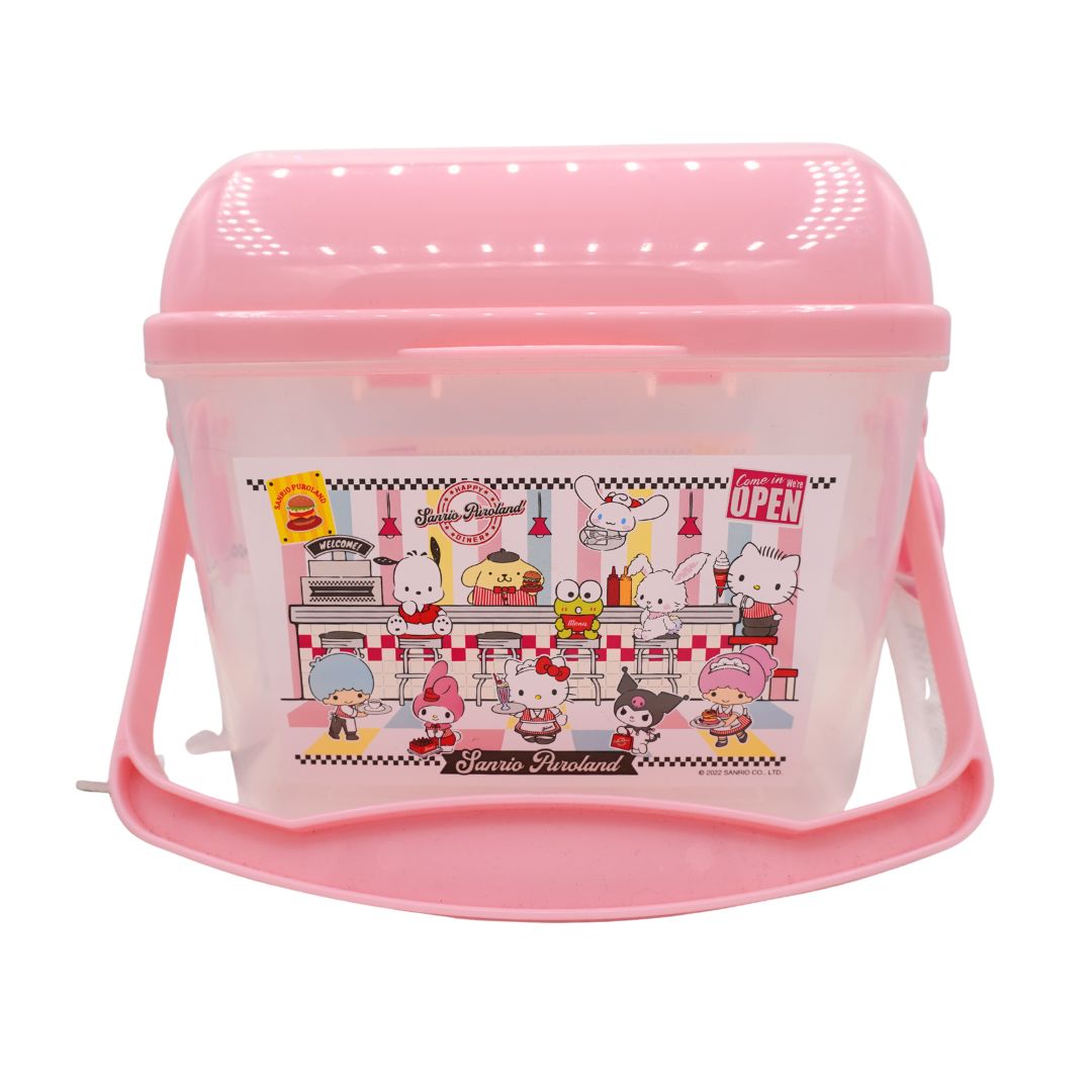 A pink plastic storage container with a clear front panel featuring a colorful Hello Kitty restaurant illustration, a pink handle, and ventilation holes on the lid, shown on a white background.