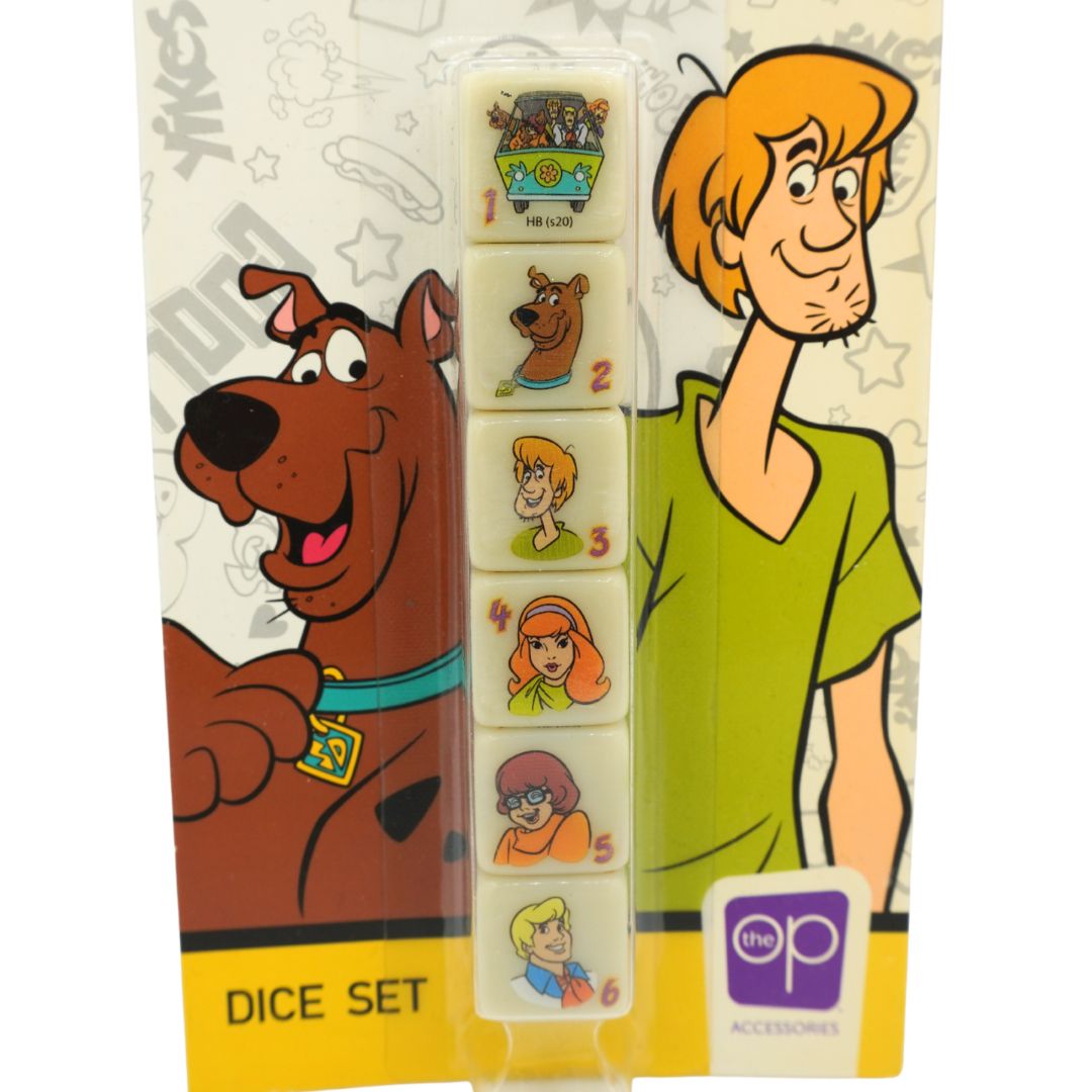A packaged Scooby-Doo dice set with six numbered white dice showing character illustrations, mounted on a printed backing card featuring Scooby, Shag, and a purple 'MVP Accessories' logo.