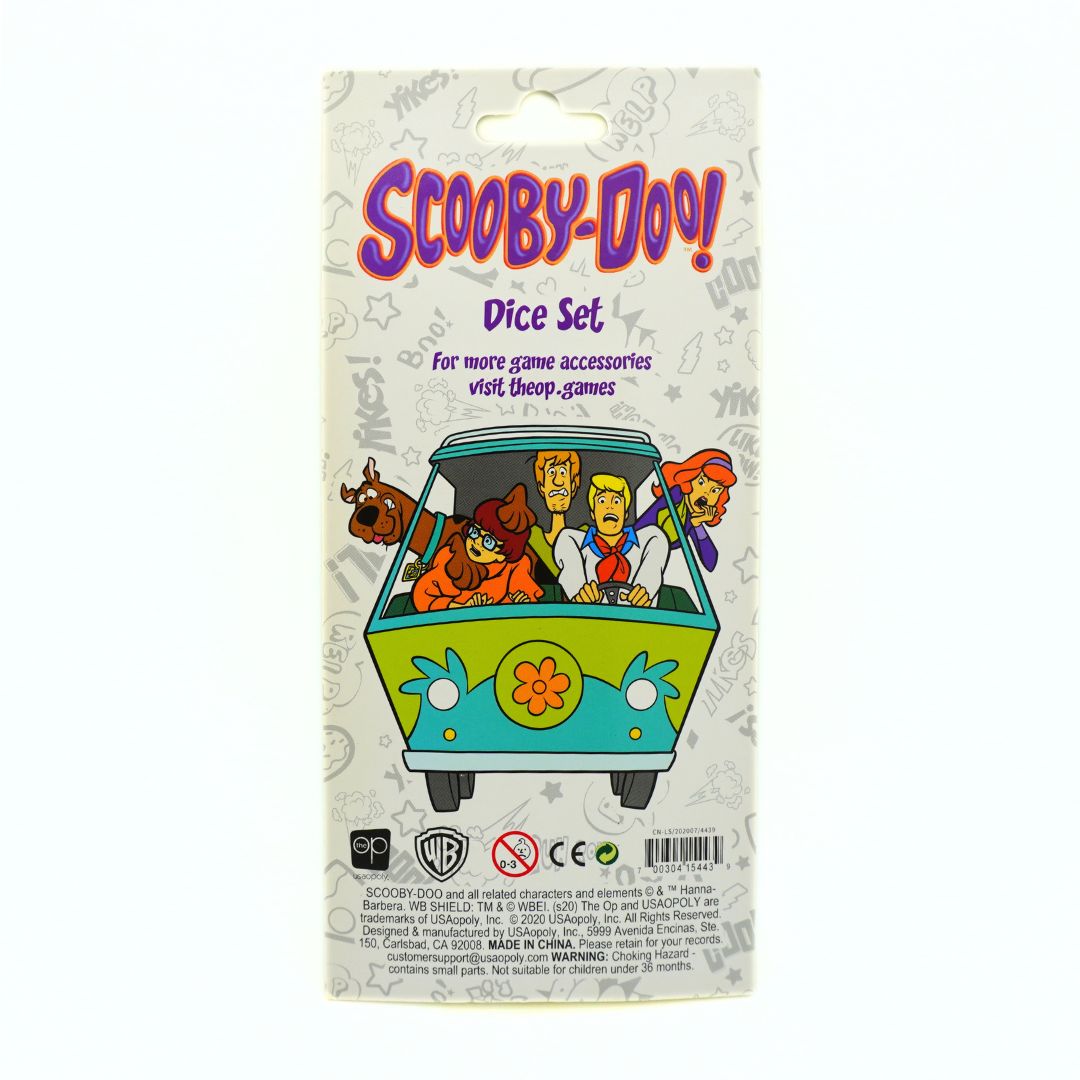 Scooby-Doo! Dice Set in its original retail packaging, featuring the iconic cartoon characters in the van on the front of the card.