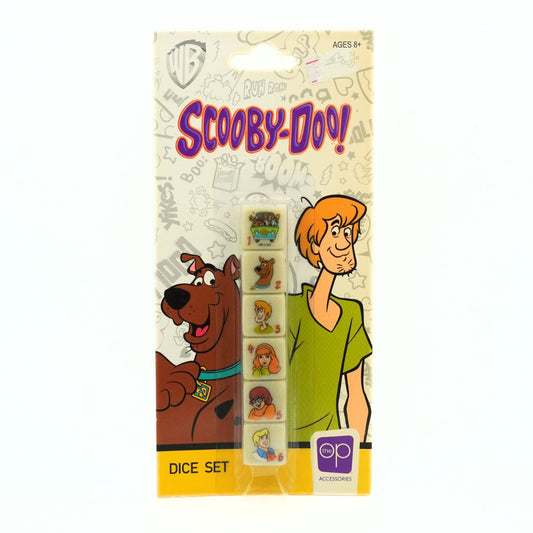 Scooby-Doo! dice set in its original packaging, featuring cartoon illustrations of Scooby and Shaggy on a cream-colored card with purple branding.