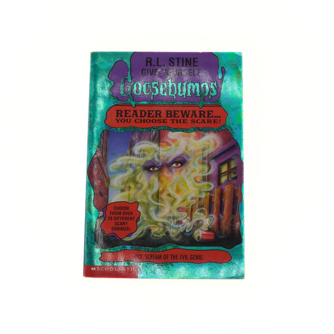 Goosebumps book cover with a ghostly face and colorful design on a white background