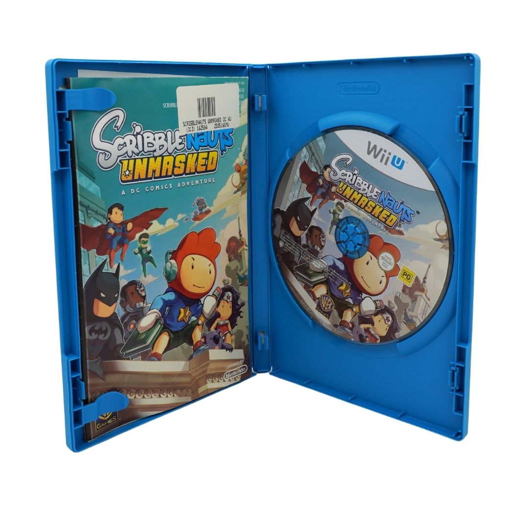 Scribble Quests Unmasked for Nintendo Wii U, presented in a blue plastic game case with the comic book insert on the left and the game disc on the right, shown against a plain white background.