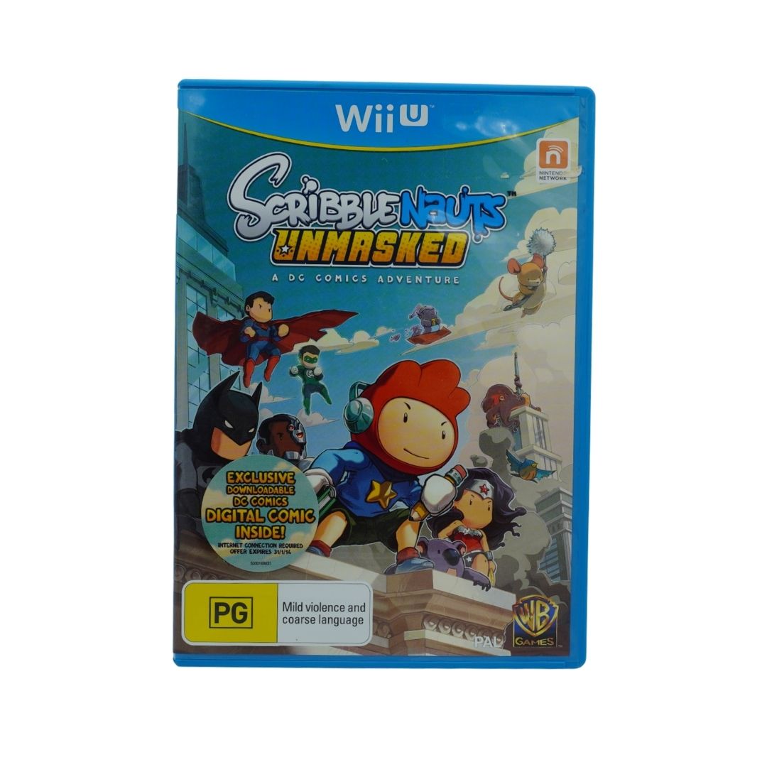 Scribblenauts Unmasked Wii U game case, featuring colorful comic-style artwork with multiple cartoon characters and a blue game case border on a white background.