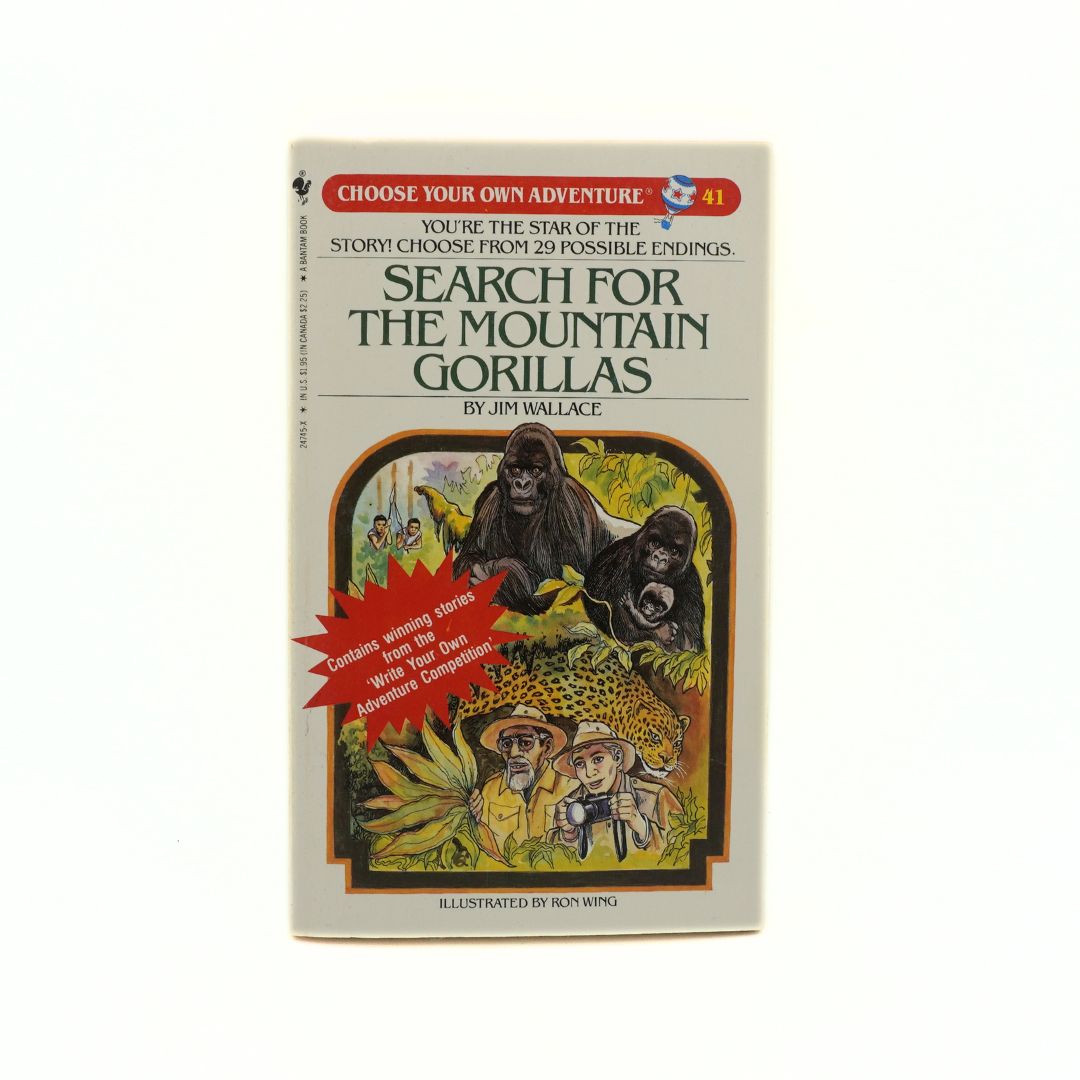 Book cover of 'Search for the Mountain Gorillas' from 'Choose Your Own Adventure' series on a white background