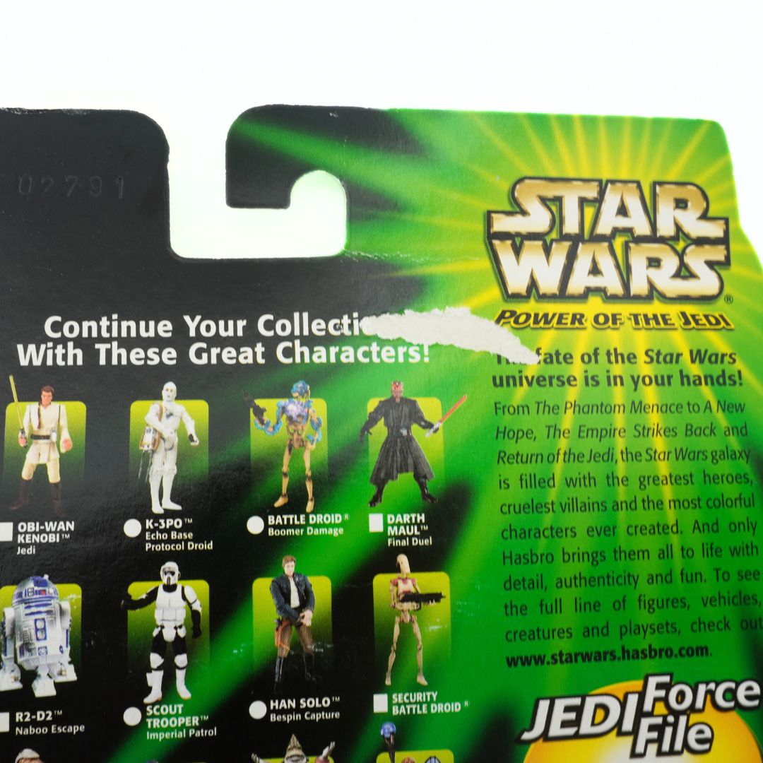 Star Wars action figure packaging with characters and promotional text on a white background
