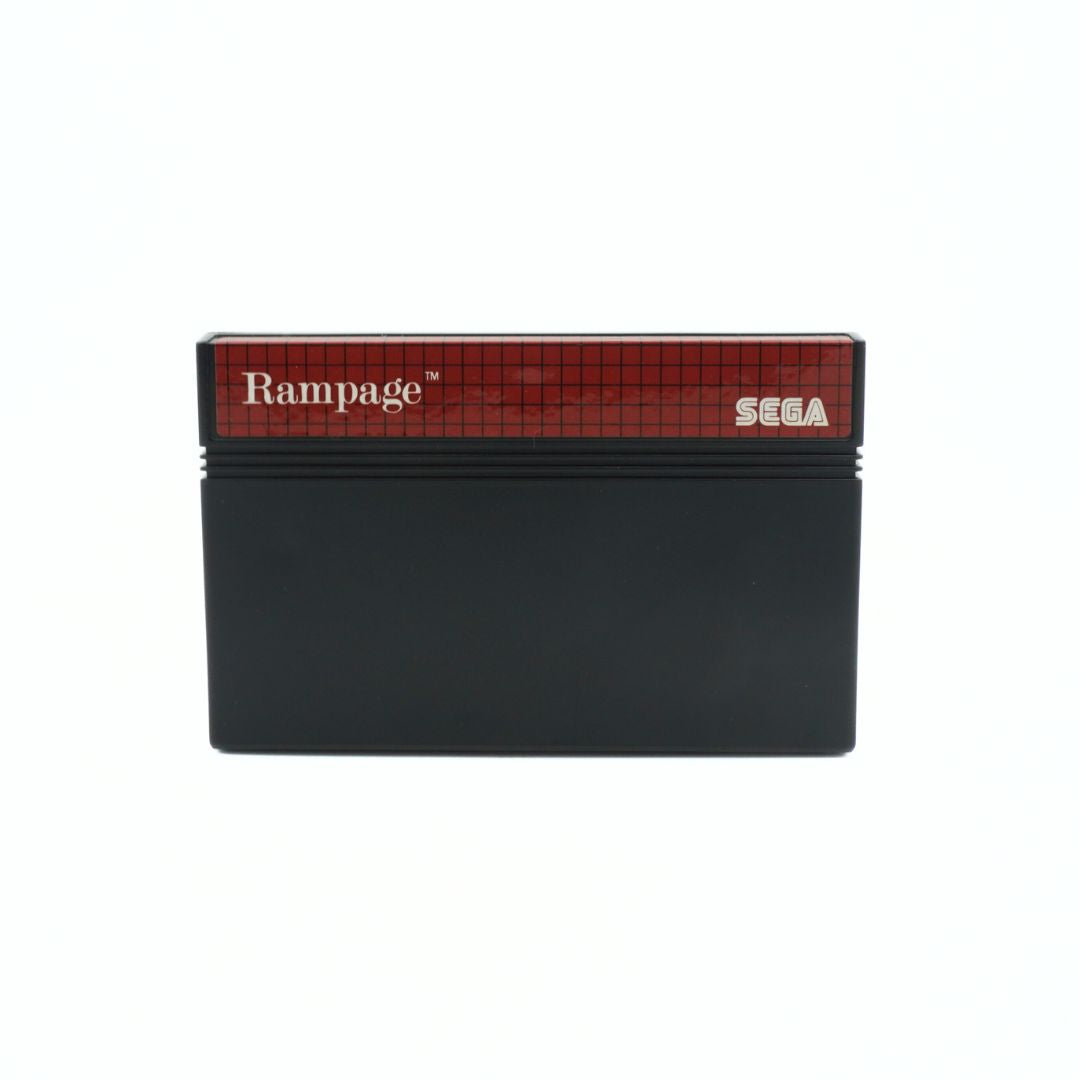 Sega game cartridge with 'Rampage' branding on a white background