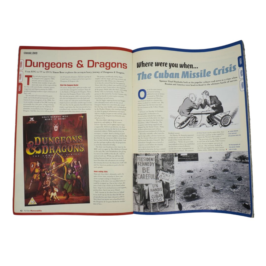 Inside of a vintage TV Film Memorabilia magazine with pages on Dungeons & Dragons and the Cuban Missile Crisis