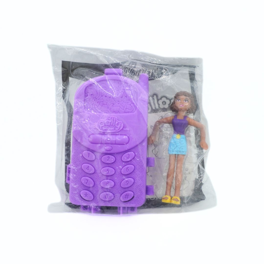 Purple toy phone with a character in a clear package on a white background