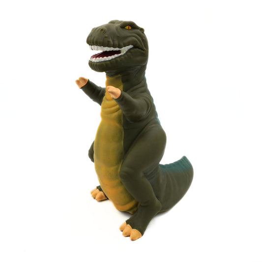 Plastic dinosaur toy on a white background